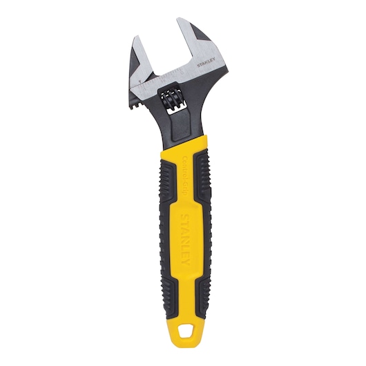 Stanley adjustable wrench, front view, yellow and black handle, metal jaw, on white background