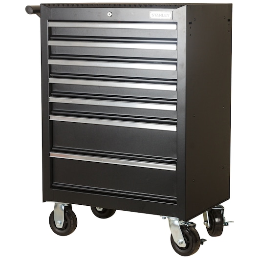 STANLEY SKU 93-547-23ID black rolling tool chest with seven drawers, front angle on white background.