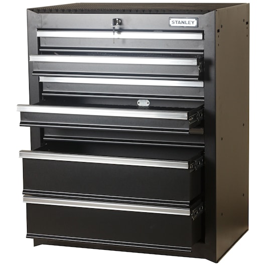 STANLEY SKU 93-547-23ID black metal tool chest with five drawers, angled front view, top drawer with key lock.