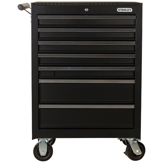 STANLEY 93-547-23ID black rolling tool cabinet with multiple drawers, front angle, white background.