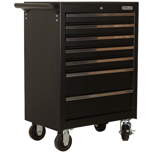 STANLEY 93-547-23ID black rolling tool cabinet with six drawers, side handle, front angle, white background.