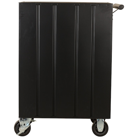 STANLEY 93-547-23ID black tool chest cabinet on wheels, side view, vertical grooves, with metal handle.