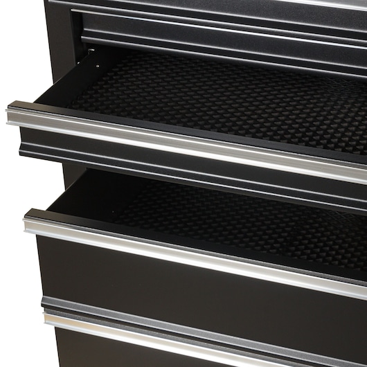 STANLEY 93-547-23ID black tool chest drawers with silver handles, shown open, angled front view.