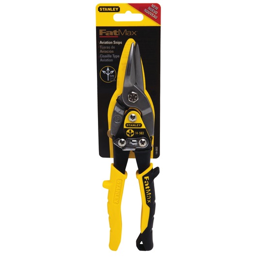 Fat max straight cut compound action aviation snips with packaging tag.