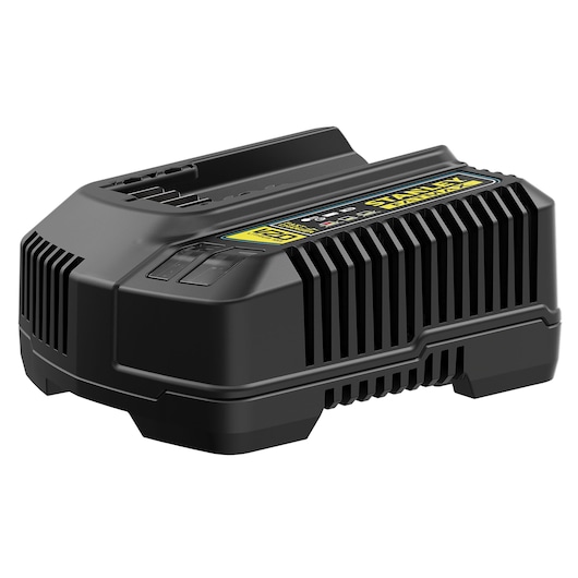 Angle view of a STANLEY FATMAX 20V battery charger on a white background