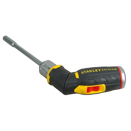 Stanley FatMax ratcheting screwdriver with ergonomic handle and adjustable shaft, black and yellow design.