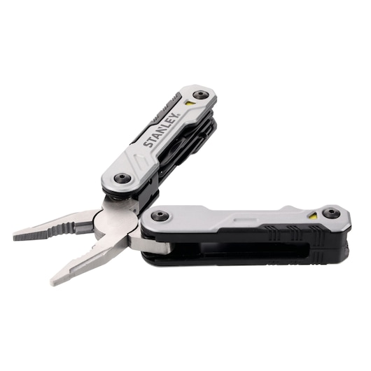 A STANLEY branded multi-tool with pliers extended, featuring a silver and black design with multiple integrated tools.