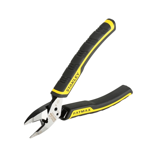 Stanley FatMax diagonal cutting pliers with black and yellow handles, angled jaws for cutting wires.
