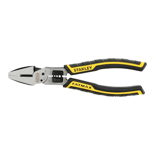 Stanley FatMax combination pliers with black and yellow ergonomic handles, suitable for gripping and cutting tasks.
