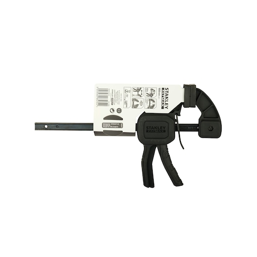 Photo of STANLEY FMHT0-83232 bar clamp, black plastic and metal, left-side view, on white background.