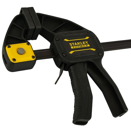 STANLEY FMHT0-83234 Fatmax black and yellow trigger clamp, angled on white background.