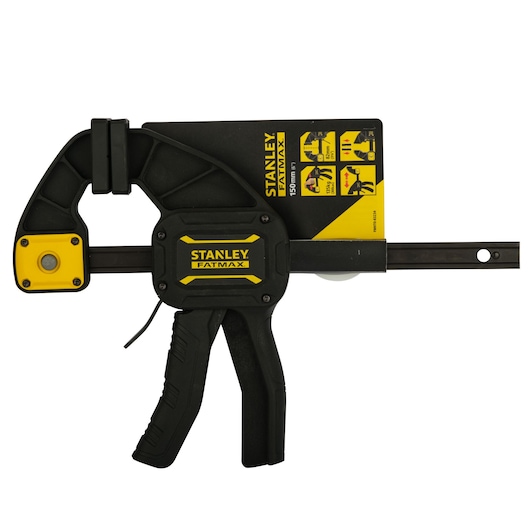 Stanley FATMAX FMHT0-83234 black and yellow photography of trigger clamp, side angle on white background.