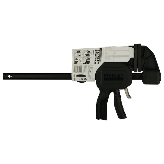STANLEY FMHT0-83239 black trigger bar clamp, side angle, with product label.