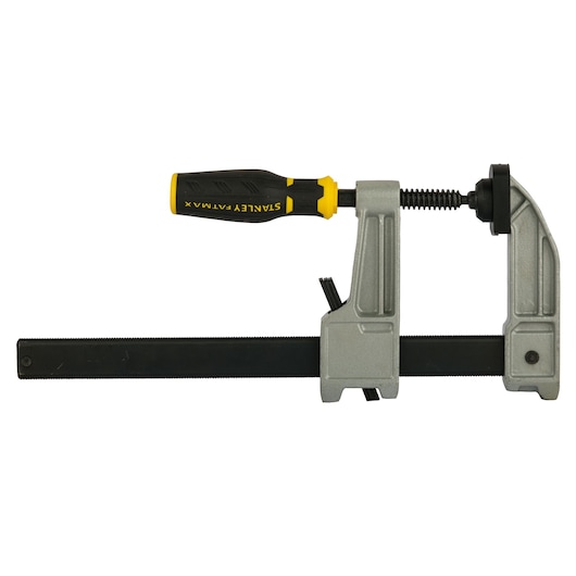 STANLEY FMHT0-83244 photography of a steel bar clamp with yellow and black handle, side angle on white background.