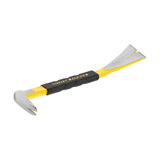 Photo of STANLEY FMHT1-55009 flat pry bar with yellow and black handle, metal ends, on white background.