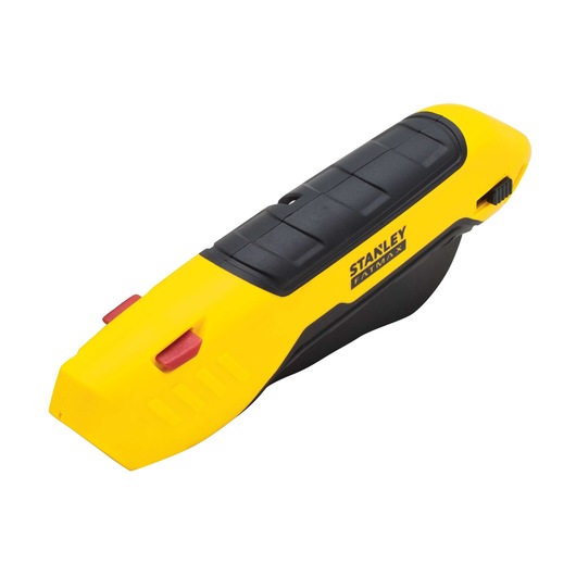 Stanley FATMAX yellow and black utility knife angled left on white background, ergonomic grip, red safety buttons.