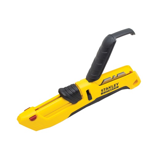 Stanley FATMAX yellow and black straight-on box cutter with ergonomic handle and retractable blade on white background.