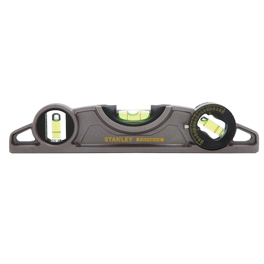 Stanley FatMax spirit level front angle, gray body with three yellow-green bubble vials and measurement marks
