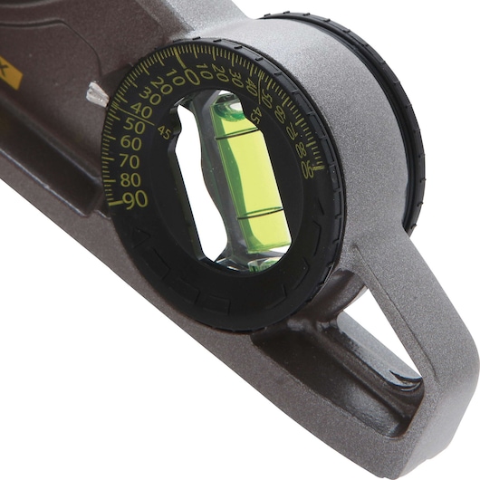 Stanley photography angle tool close-up with yellow degree markings and integrated bubble level