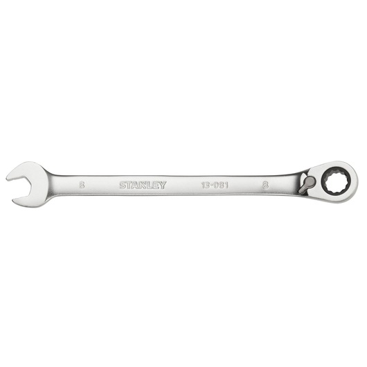 STANLEY FMMT13081-0 silver ratcheting combination wrench, front angle on white background.