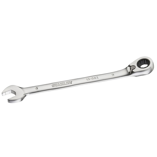 STANLEY FMMT13082-0 silver ratcheting combination wrench, side angle, on white background.