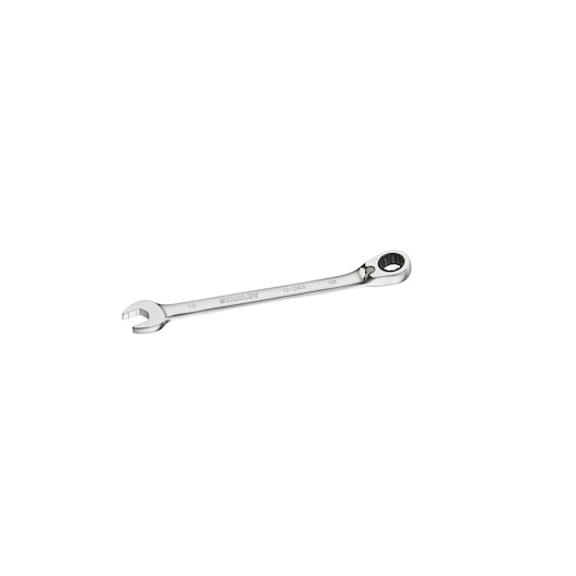 Stanley combination wrench with open and ratcheting ends, silver color, isolated on white background.