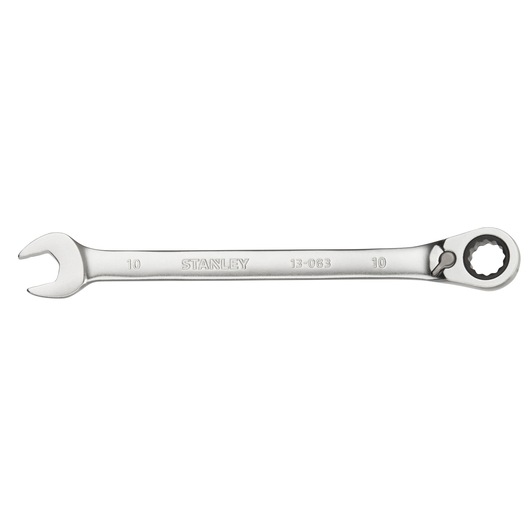 STANLEY FMMT13083-0 ratcheting combination wrench, silver, photography, side view on white background.