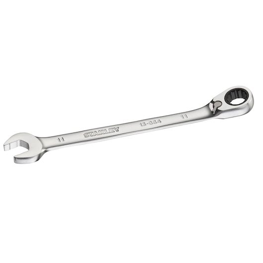 STANLEY FMMT13084-0 ratcheting combination wrench, photography, silver finish, side angle on white background.
