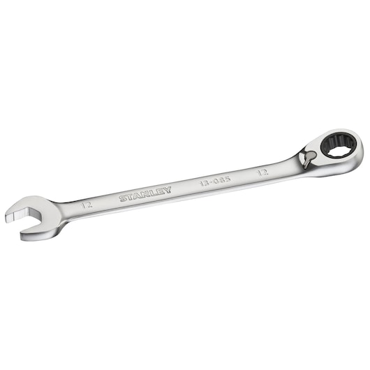 STANLEY FMMT13085-0 ratcheting combination wrench, silver metal, photo angled on white background.