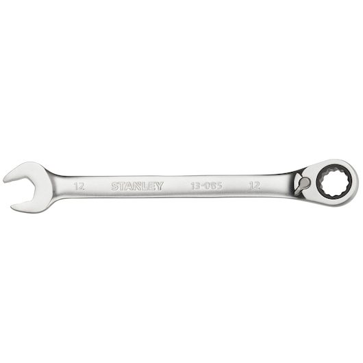 Photo of STANLEY FMMT13085-0 combination ratcheting wrench, silver finish, side view, hand tool.
