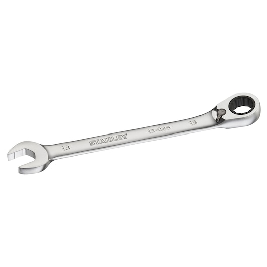 STANLEY FMMT13086-0 ratcheting combination wrench, silver, flat side angle, hand tool.