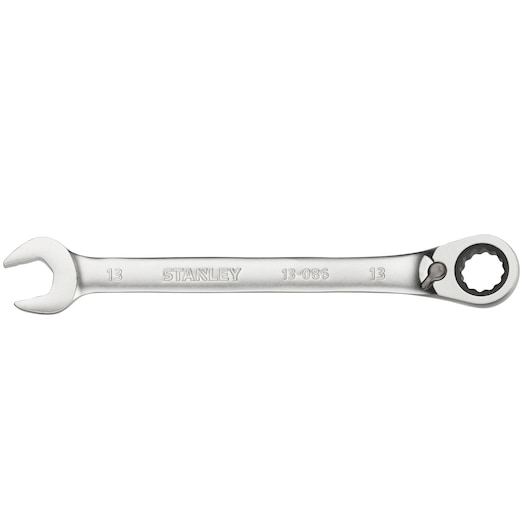 STANLEY FMMT13086-0 combination ratcheting wrench, silver, front angle, product photography