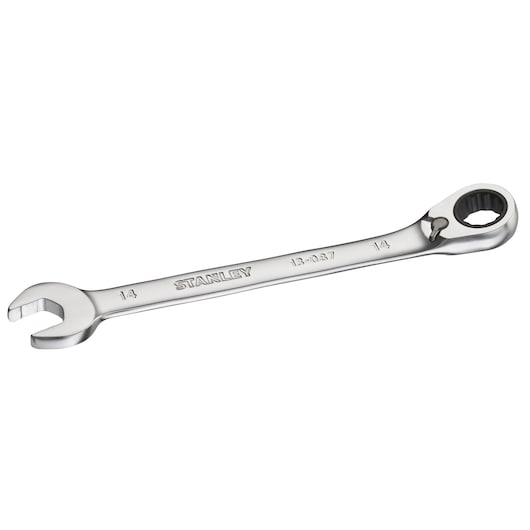 STANLEY FMMT13087-0 ratcheting combination wrench, 14mm, metal, side angle on white background.