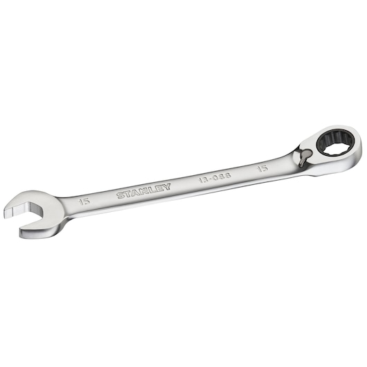 STANLEY FMMT13088-0 combination ratcheting wrench silver, photo from angled side on white background.