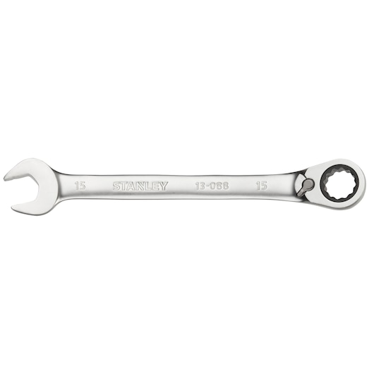 STANLEY FMMT13088-0 ratcheting combination wrench, silver finish, flat side view, hand tool photography.