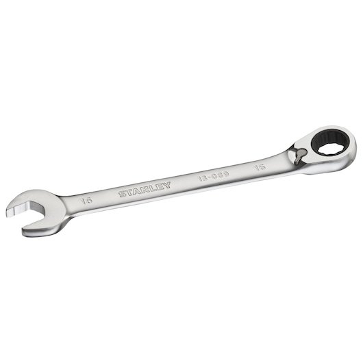 STANLEY FMMT13089-0 chrome combination ratcheting wrench, 16mm, product photography, angled view.