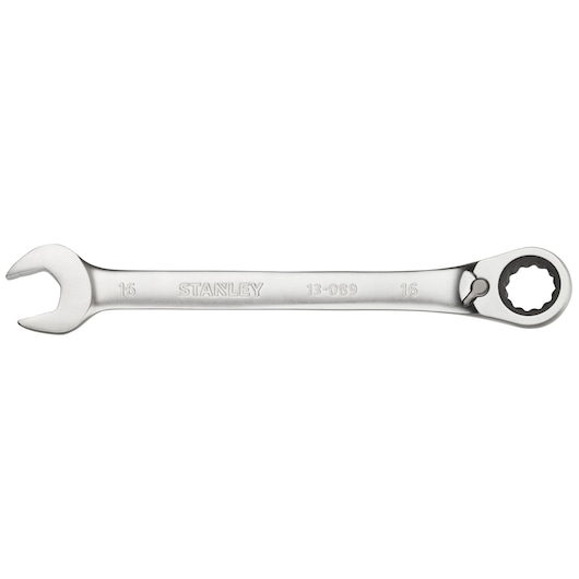 STANLEY FMMT13089-0 combination ratcheting wrench, silver, front angle, hand tool photography.