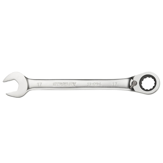 STANLEY FMMT13094-0 combination ratcheting wrench 17mm, photography, side angle on white background.