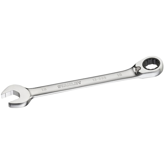 Photo of STANLEY FMMT13095-0 chrome ratcheting combination wrench on white background.