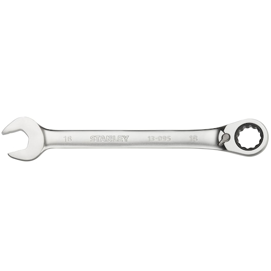 STANLEY FMMT13095-0 combination ratcheting wrench, silver, product side angle, tool category.