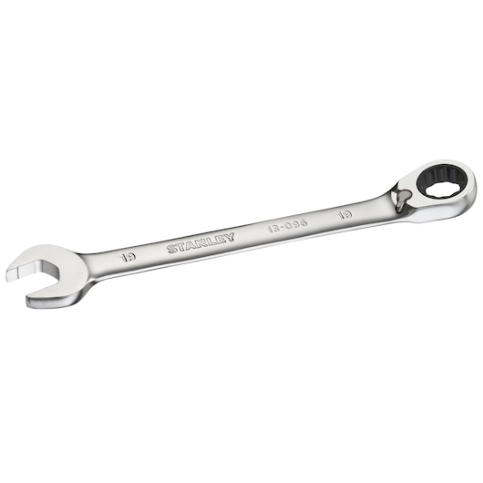 STANLEY FMMT13096-0 combination ratcheting wrench, silver, angled view on white background