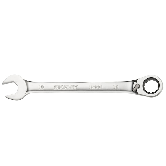 STANLEY FMMT13096-0 combination ratcheting wrench, silver metal, open and box end, top view on white background.
