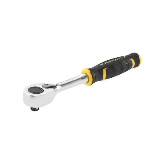 Photo of STANLEY FMMT82678-0 ratchet handle with black and yellow grip, side angle, on white background.