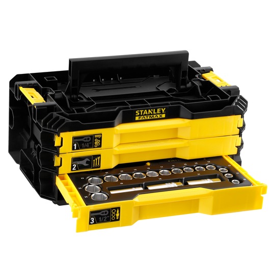 STANLEY FMMT98107-1 tool storage box with three yellow drawers, front angle, FATMAX branding visible