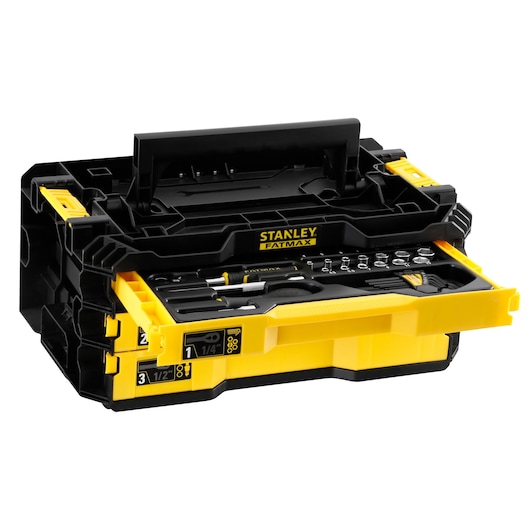 STANLEY FMMT98107-1 tool box photography, black and yellow case open showing organized hand tools.