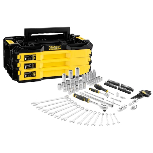STANLEY FMMT98107-1 hand tool set and yellow Fatmax organizer, three-drawer angle, white background.