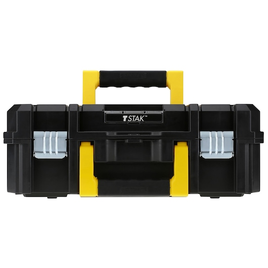 STANLEY FMST1-71966 black and yellow toolbox with front view, yellow handle and metal latches.