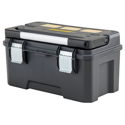 STANLEY FMST1-75792 black toolbox with metal latches and transparent compartments, front angle photo.