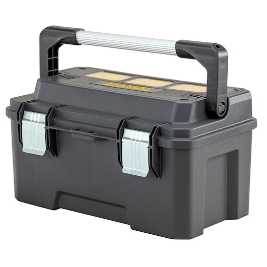 STANLEY FMST1-75792 toolbox with metal latches and black plastic body, photographed at an angle on white background.