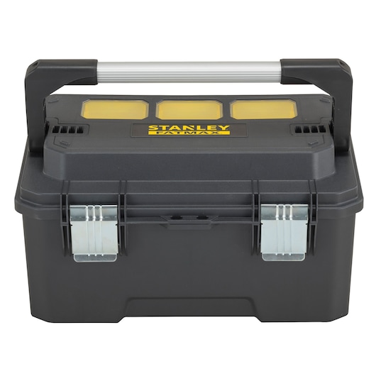 STANLEY FMST1-75792 black tool box with silver handle, yellow compartments, front studio angle.